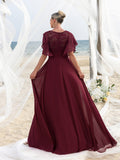 Womens' ELegant Mother-of-the-Bride Gown: Lace Bodice with Chiffon Ruffled Sleeves – Elegant Beach Wedding Formal Dress