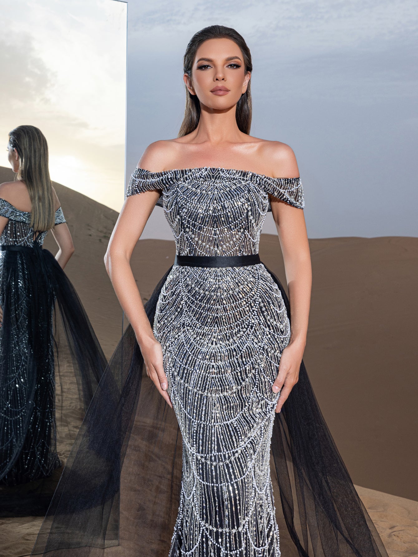 Luxury Off Shoulder Tulle Overlay Mermaid Hem Beaded Seuqin Evening Dress