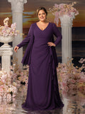 Plus Womens' Fake Two-Piece Evening Gown: V-Neck Long Sleeve Formal Dress for Mother of the Bride