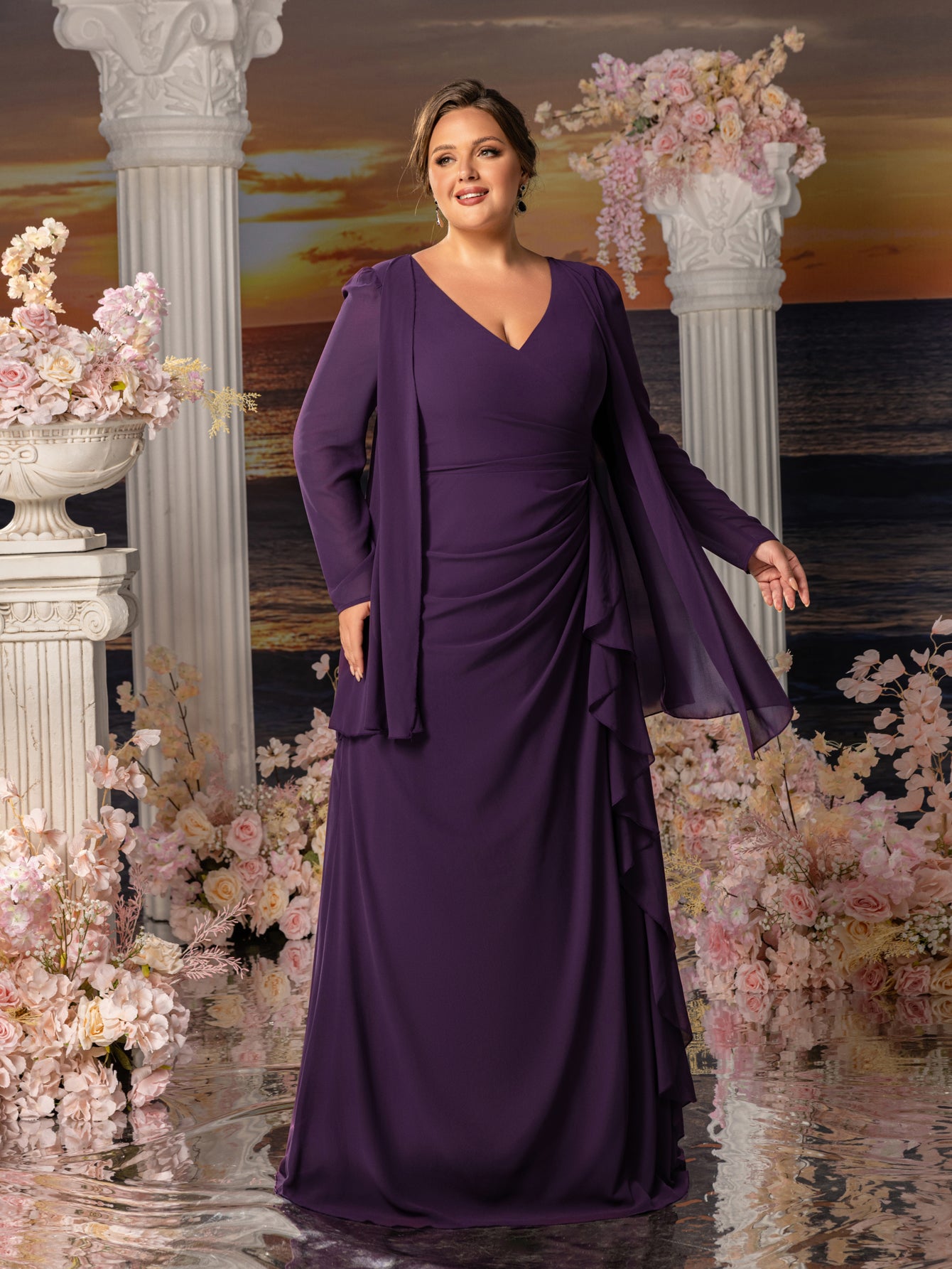 Plus Womens' Fake Two-Piece Evening Gown: V-Neck Long Sleeve Formal Dress for Mother of the Bride
