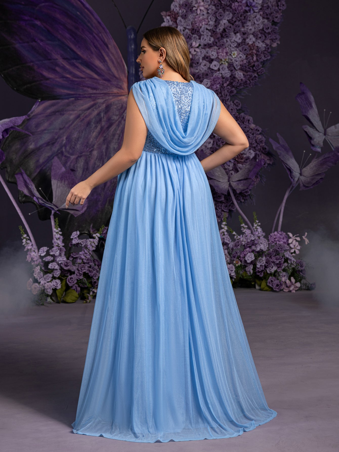 Plus Maternity Draped Neckline Contrast Sequin Formal Party Dress