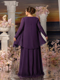 Plus Womens' Fake Two-Piece Evening Gown: V-Neck Long Sleeve Formal Dress for Mother of the Bride