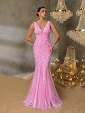 V-Neck Gown with Floral Appliqué Overlay
