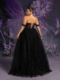 Plus Off Shoulder Lace Bodice Contrast Tulle Hem Wedding Dress