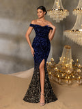 Elegant Off Shoulder Split Mermaid Hem Ombre Sequin Evening Dress