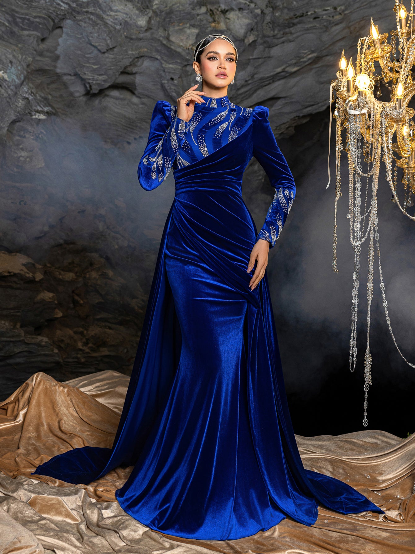 Elegant Velvet High-Neck Formal Dress | Long Sleeve Beaded Evening Gown with Sweep Train
