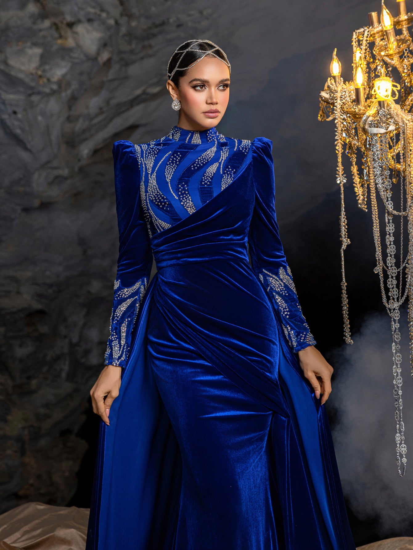 Elegant Velvet High-Neck Formal Dress | Long Sleeve Beaded Evening Gown with Sweep Train