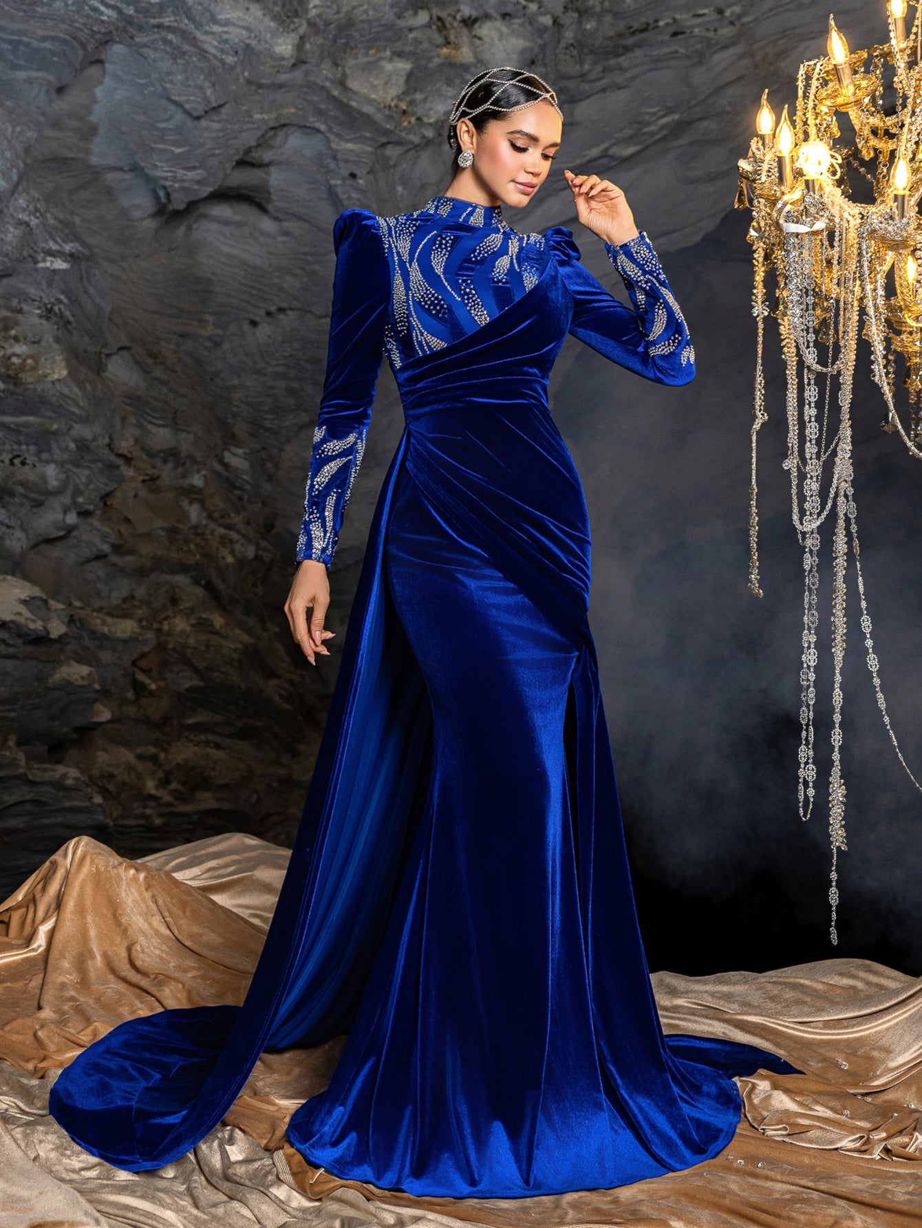 Elegant Velvet High-Neck Formal Dress | Long Sleeve Beaded Evening Gown with Sweep Train