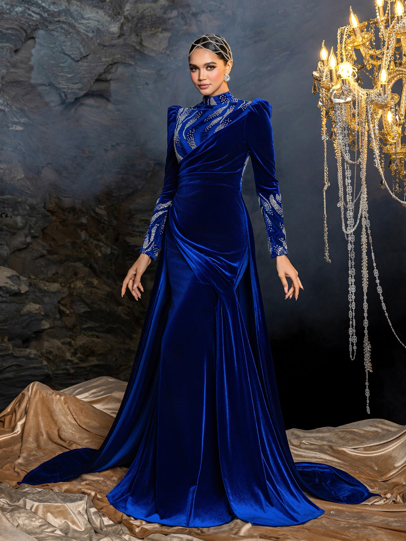 Elegant Velvet High-Neck Formal Dress | Long Sleeve Beaded Evening Gown with Sweep Train