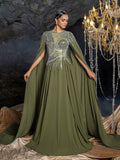 Elegant Cape Sleeve Evening Gown with Beaded Floral Embroidered Bodice & Flowing Train