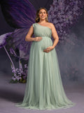 Plus Maternity One-Shoulder Gown with Asymmetrical Tulle Skirt & Sheer Elegance – 1XL-5XL Pregnancy Photoshoot Dress