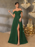 Glitter Off Shoulder A Line Split Thigh Evening Dress