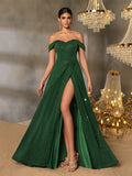 Glitter Off Shoulder A Line Split Thigh Evening Dress