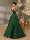 Glitter Off Shoulder A Line Split Thigh Evening Dress