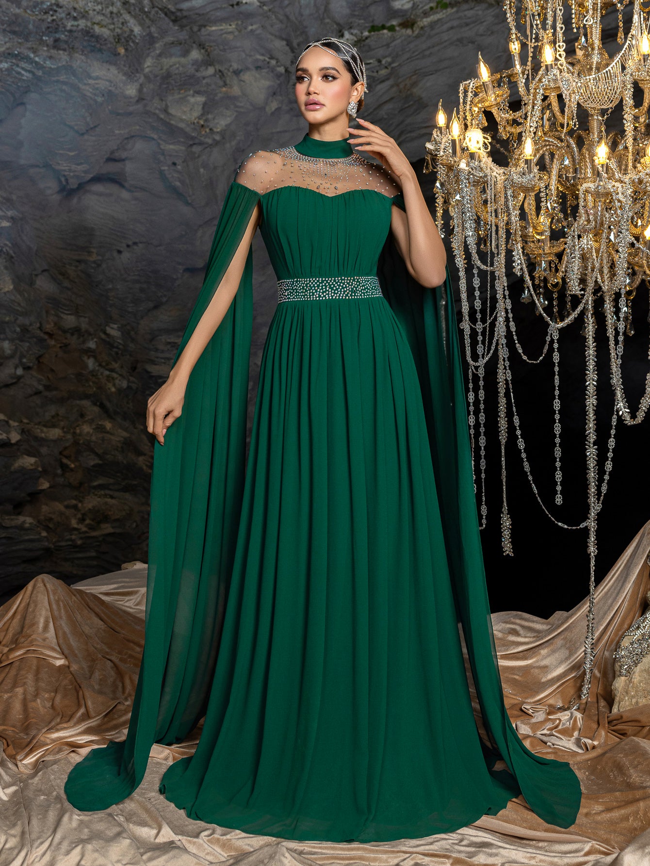 Dramatic Cape Evening Dress | High Neck Chiffon with Rhinestone Details