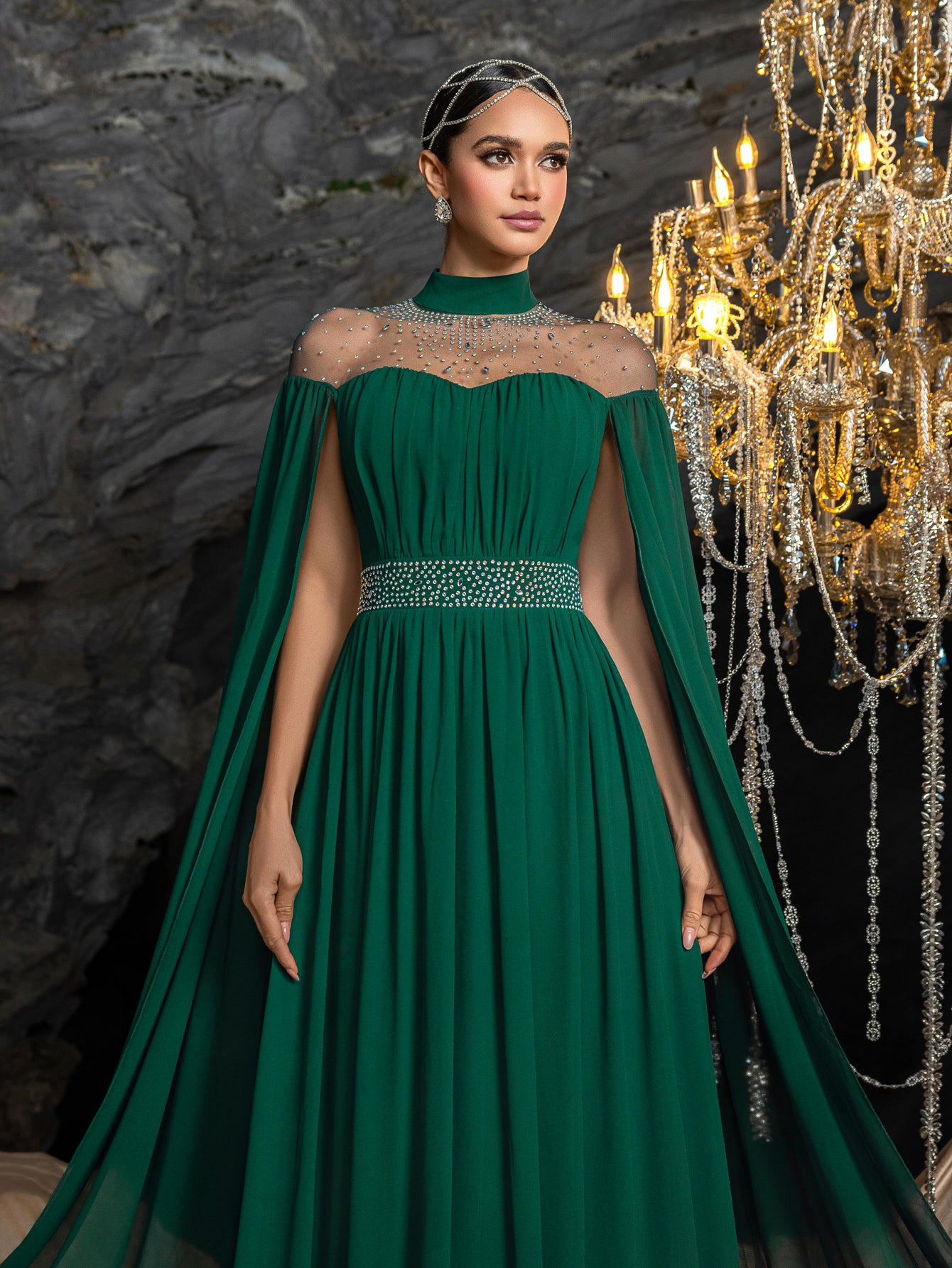 Dramatic Cape Evening Dress | High Neck Chiffon with Rhinestone Details