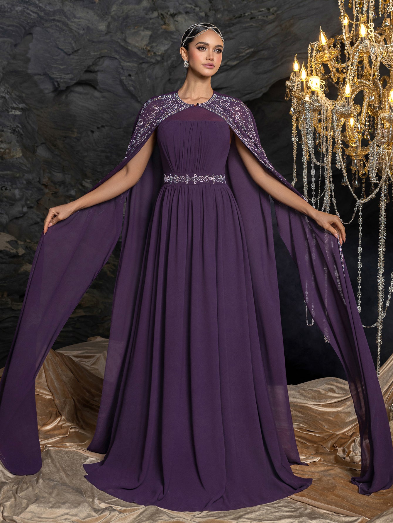 Gorgeous Two-Piece Chiffon Evening Dress | Rhinestone Cape Sleeves & A-Line Skirt with Cathedral Train