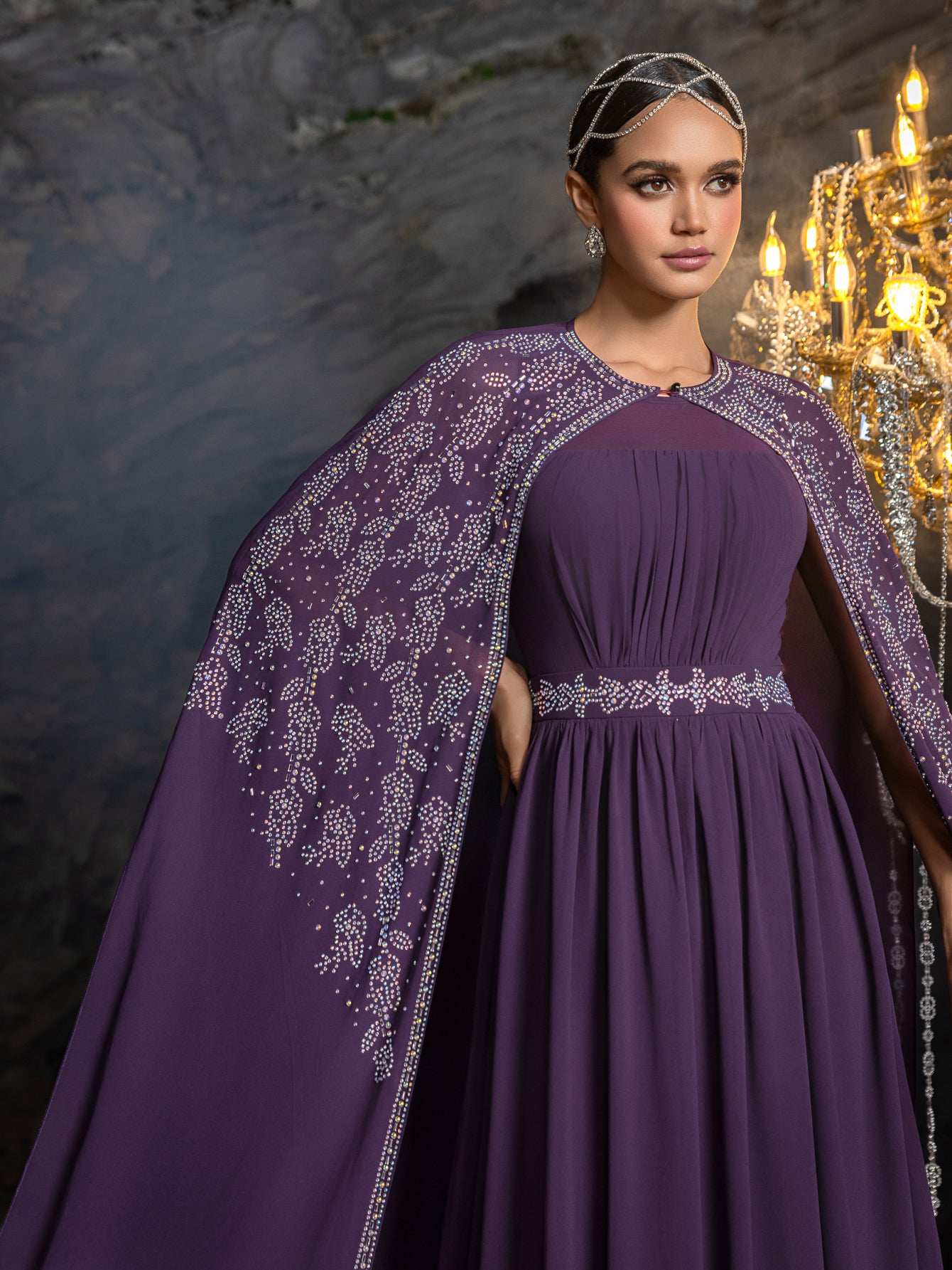 Gorgeous Two-Piece Chiffon Evening Dress | Rhinestone Cape Sleeves & A-Line Skirt with Cathedral Train