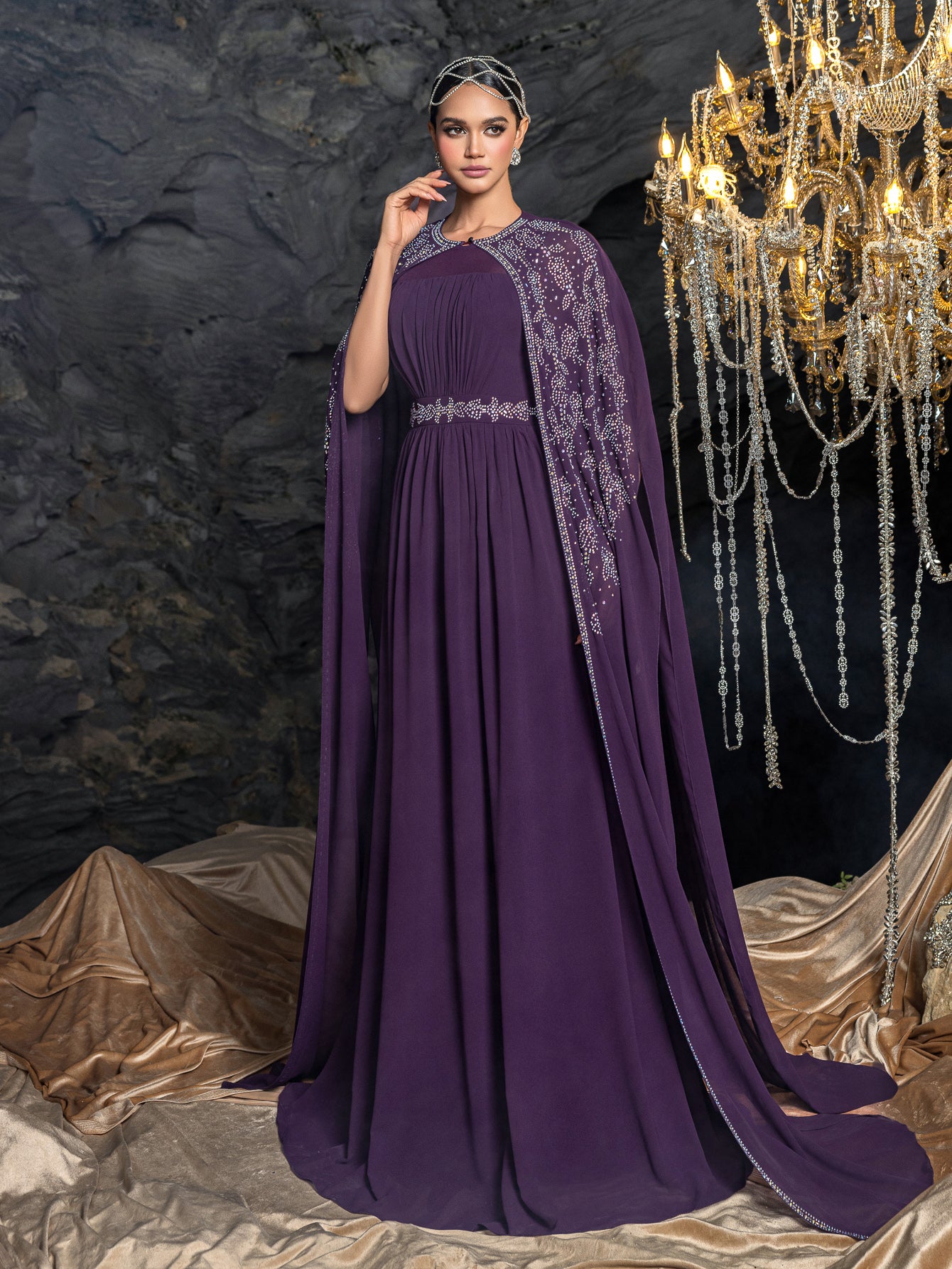 Gorgeous Two-Piece Chiffon Evening Dress | Rhinestone Cape Sleeves & A-Line Skirt with Cathedral Train