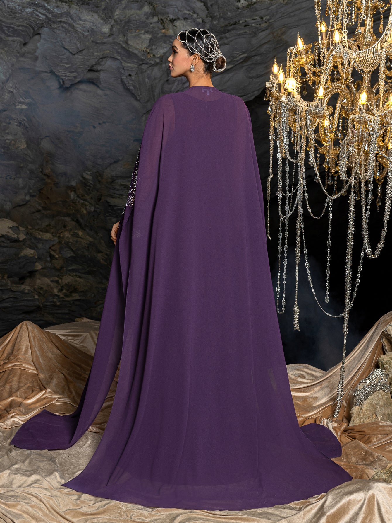 Gorgeous Two-Piece Chiffon Evening Dress | Rhinestone Cape Sleeves & A-Line Skirt with Cathedral Train