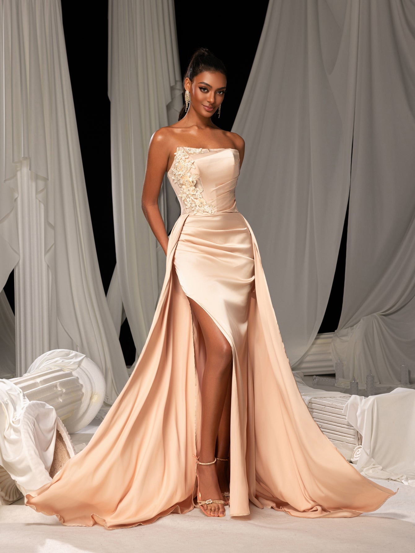 Elegant Satin Strapless Evening Gown with Lace Appliqué | High Slit & Sweep Train