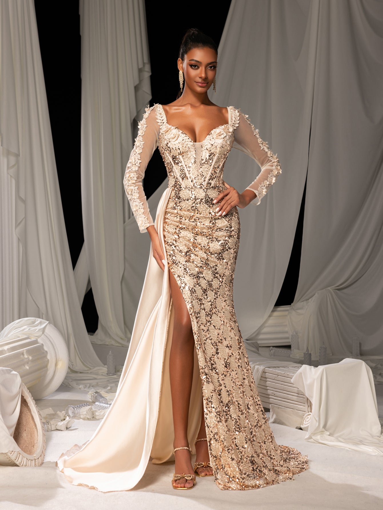 Elegant Sheer Long Sleeve Mermaid Gown | Floral Appliqué & Deep V-Neck | Low Back with Slit & Train