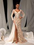 Elegant Sheer Long Sleeve Mermaid Gown | Floral Appliqué & Deep V-Neck | Low Back with Slit & Train