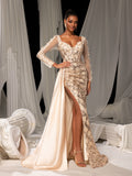 Elegant Sheer Long Sleeve Mermaid Gown | Floral Appliqué & Deep V-Neck | Low Back with Slit & Train