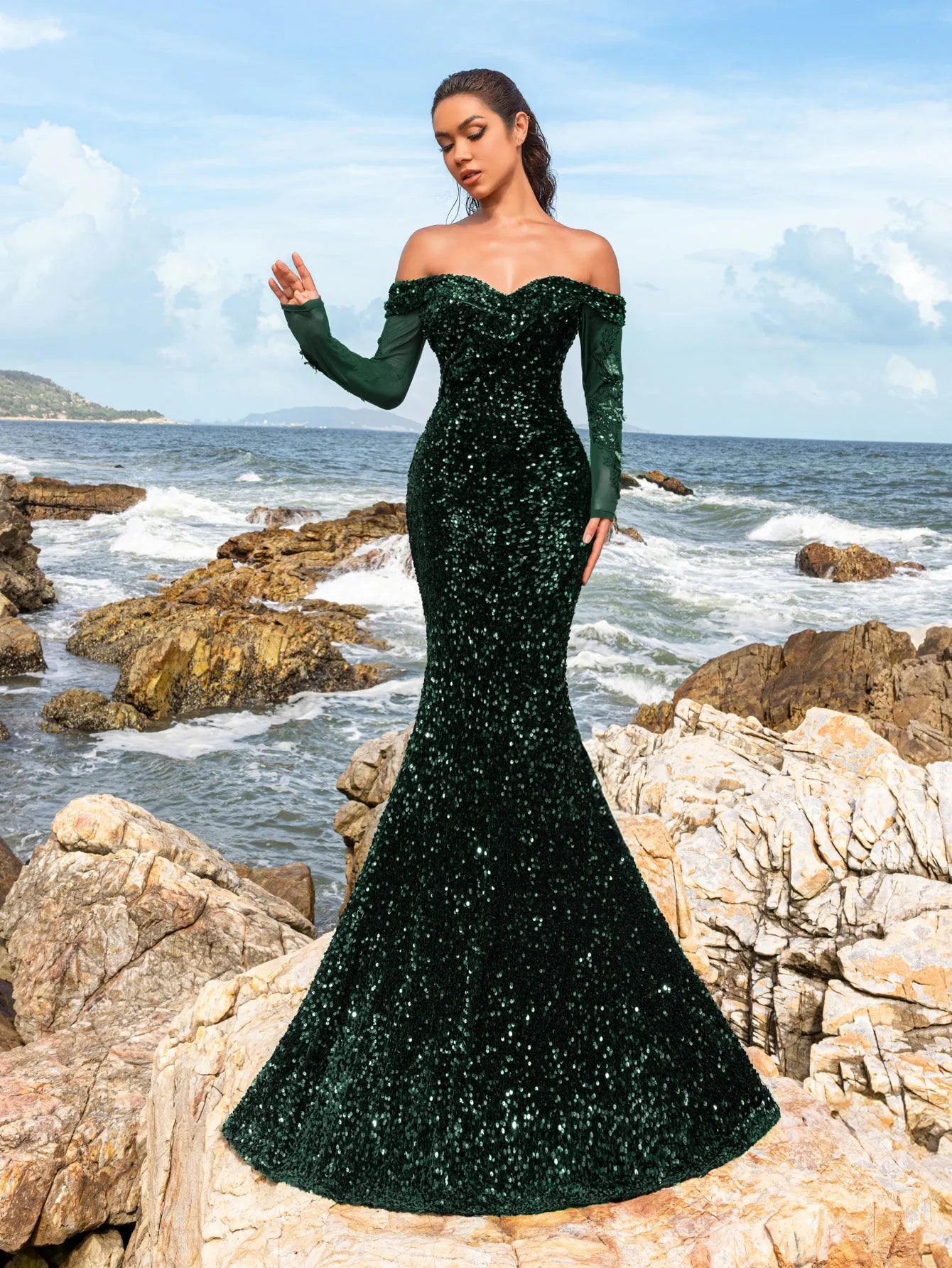 Gorgeous Off Shoulder Mermaid Hem Sequin Evening Dress