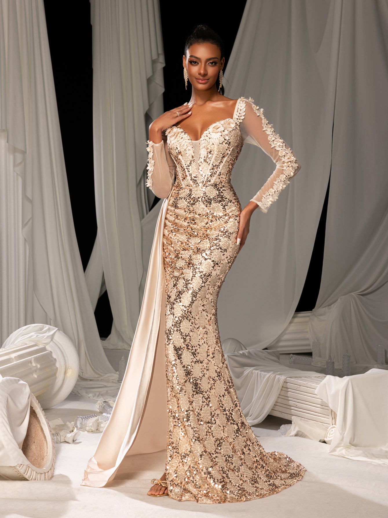 Elegant Sheer Long Sleeve Mermaid Gown | Floral Appliqué & Deep V-Neck | Low Back with Slit & Train