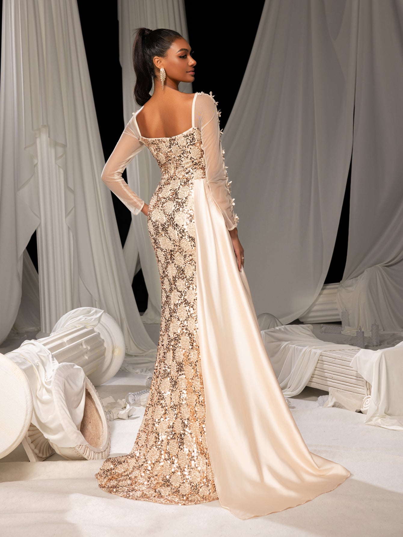 Elegant Sheer Long Sleeve Mermaid Gown | Floral Appliqué & Deep V-Neck | Low Back with Slit & Train