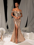 Elegant Off Shoulder Mermaid Hem Sequin Evening Dress with Side Slit