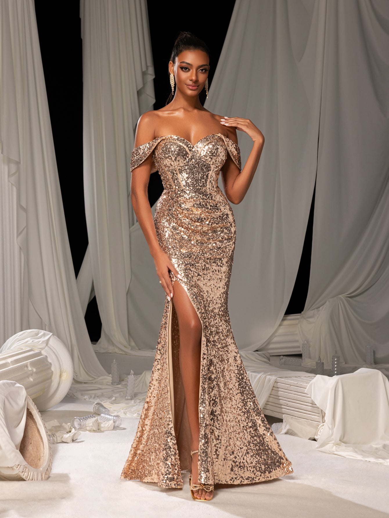 Elegant Off Shoulder Mermaid Hem Sequin Evening Dress with Side Slit