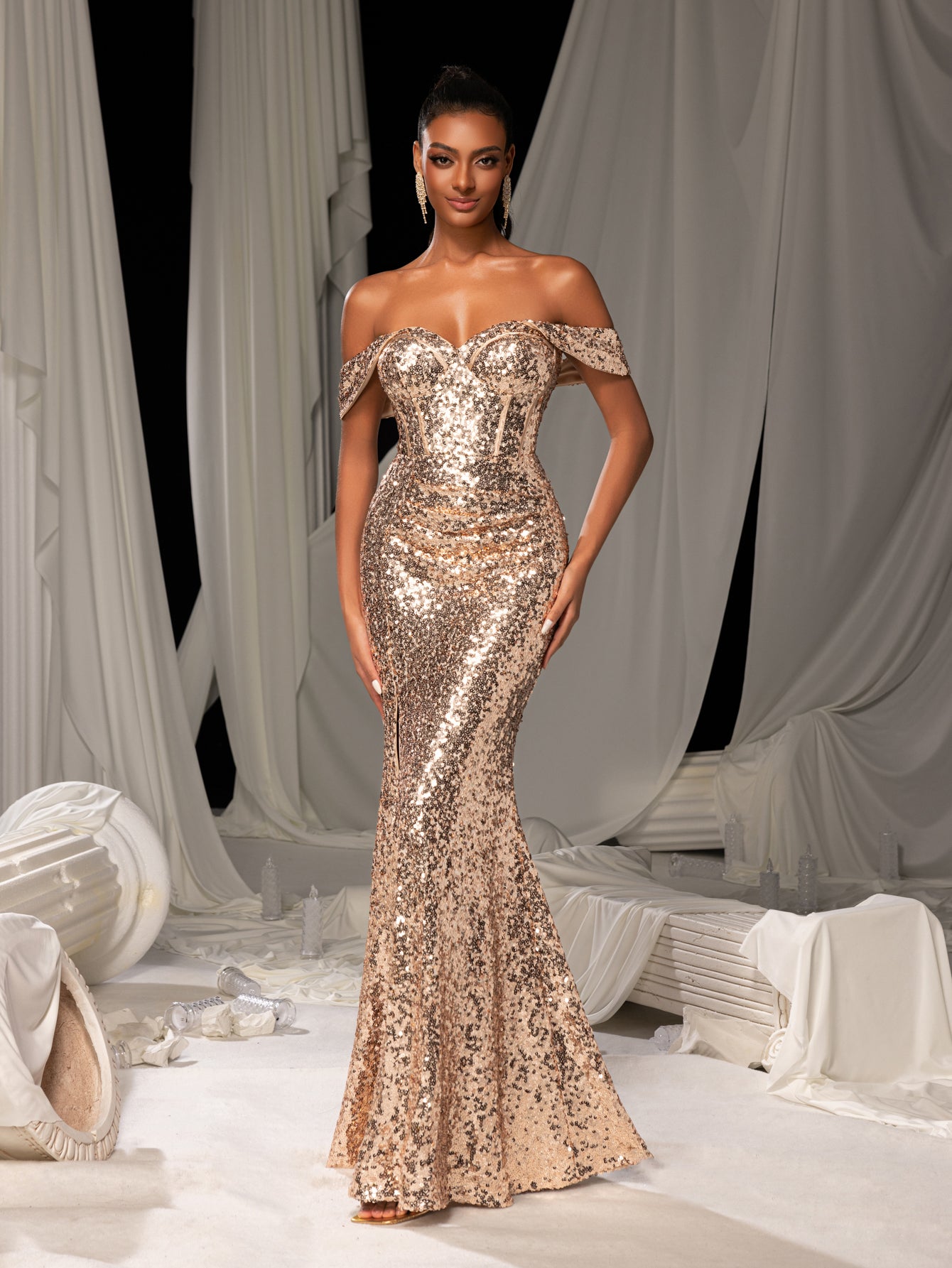 Elegant Off Shoulder Mermaid Hem Sequin Evening Dress with Side Slit