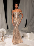 Elegant Off Shoulder Mermaid Hem Sequin Evening Dress with Side Slit