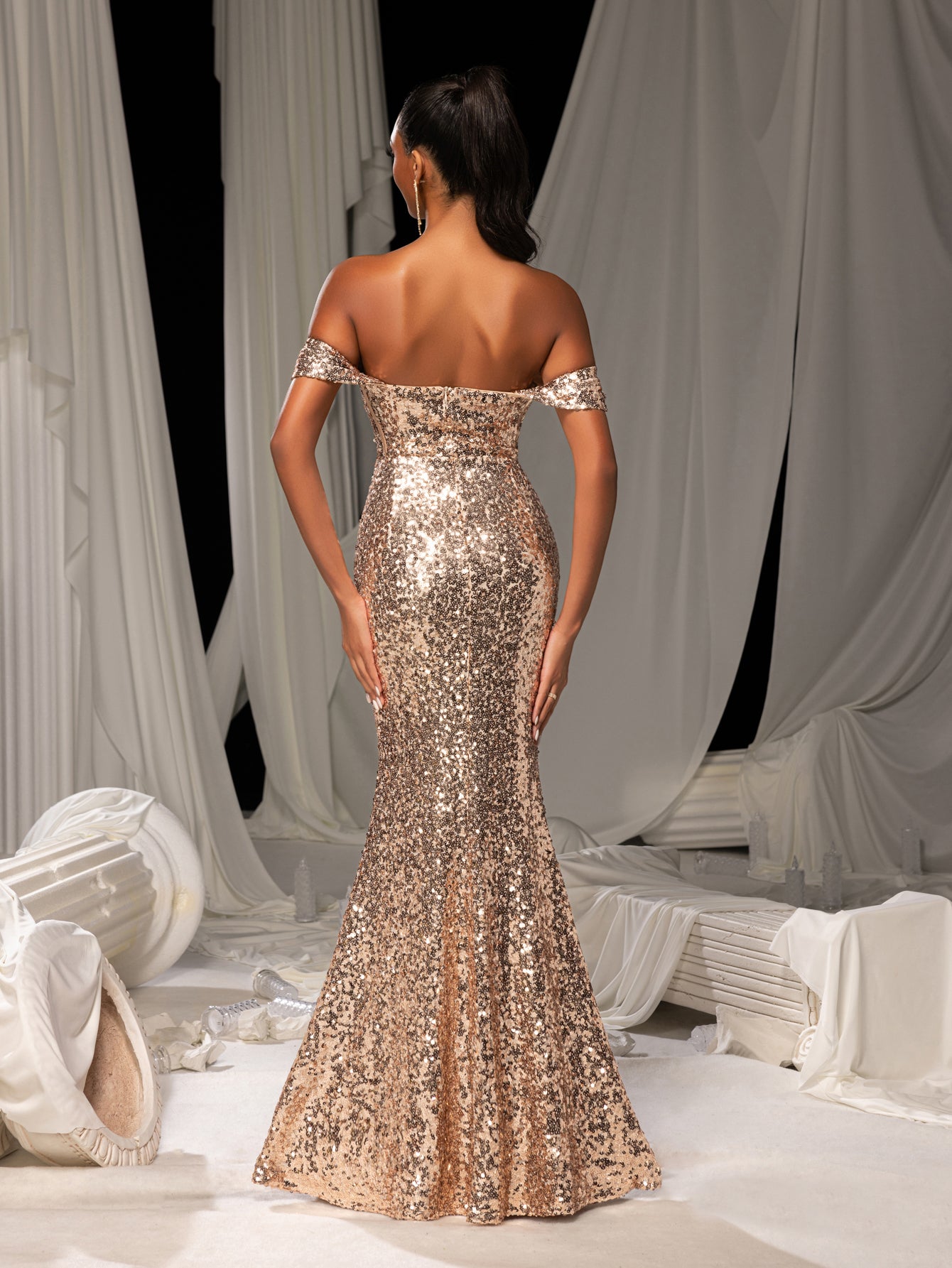Elegant Off Shoulder Mermaid Hem Sequin Evening Dress with Side Slit