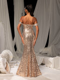 Elegant Off Shoulder Mermaid Hem Sequin Evening Dress with Side Slit