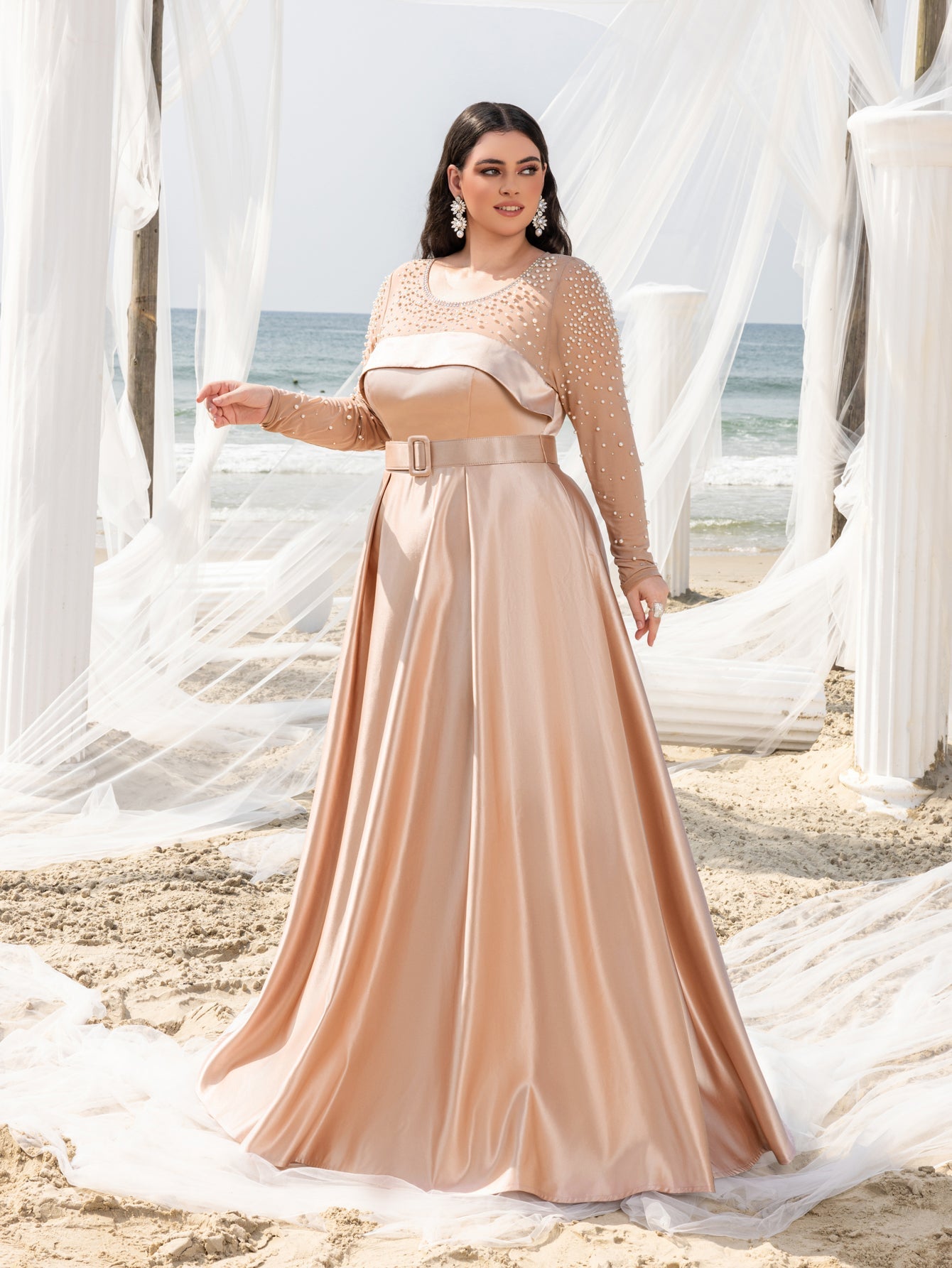 Plus Beaded Sheer Sleeve Formal Dress | Wide Belting | Satin A-Line Evening Gown