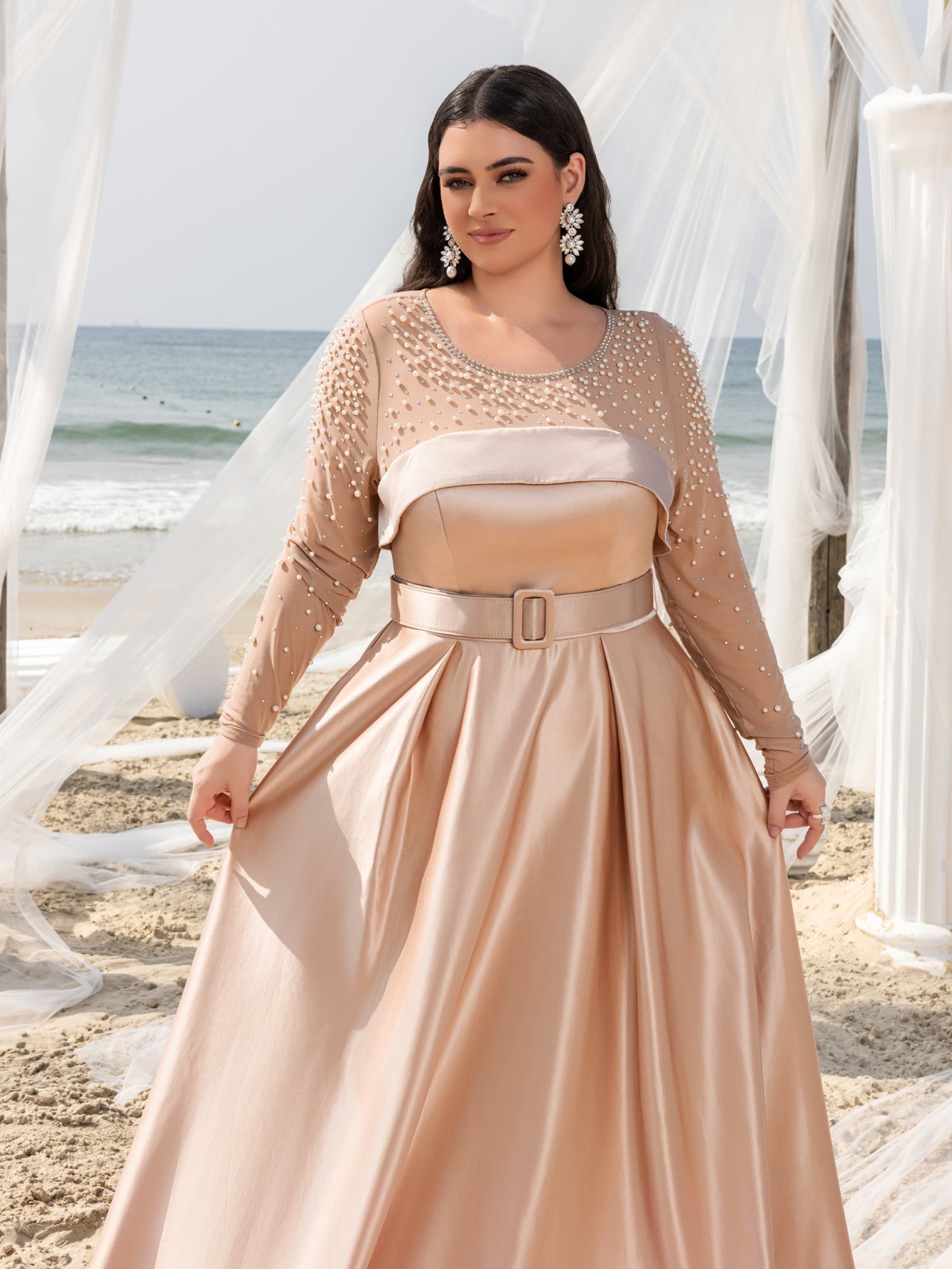 Plus Beaded Sheer Sleeve Formal Dress | Wide Belting | Satin A-Line Evening Gown