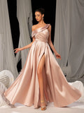 Elegant Sloping Neck Split A-line Satin Formal Prom Dress