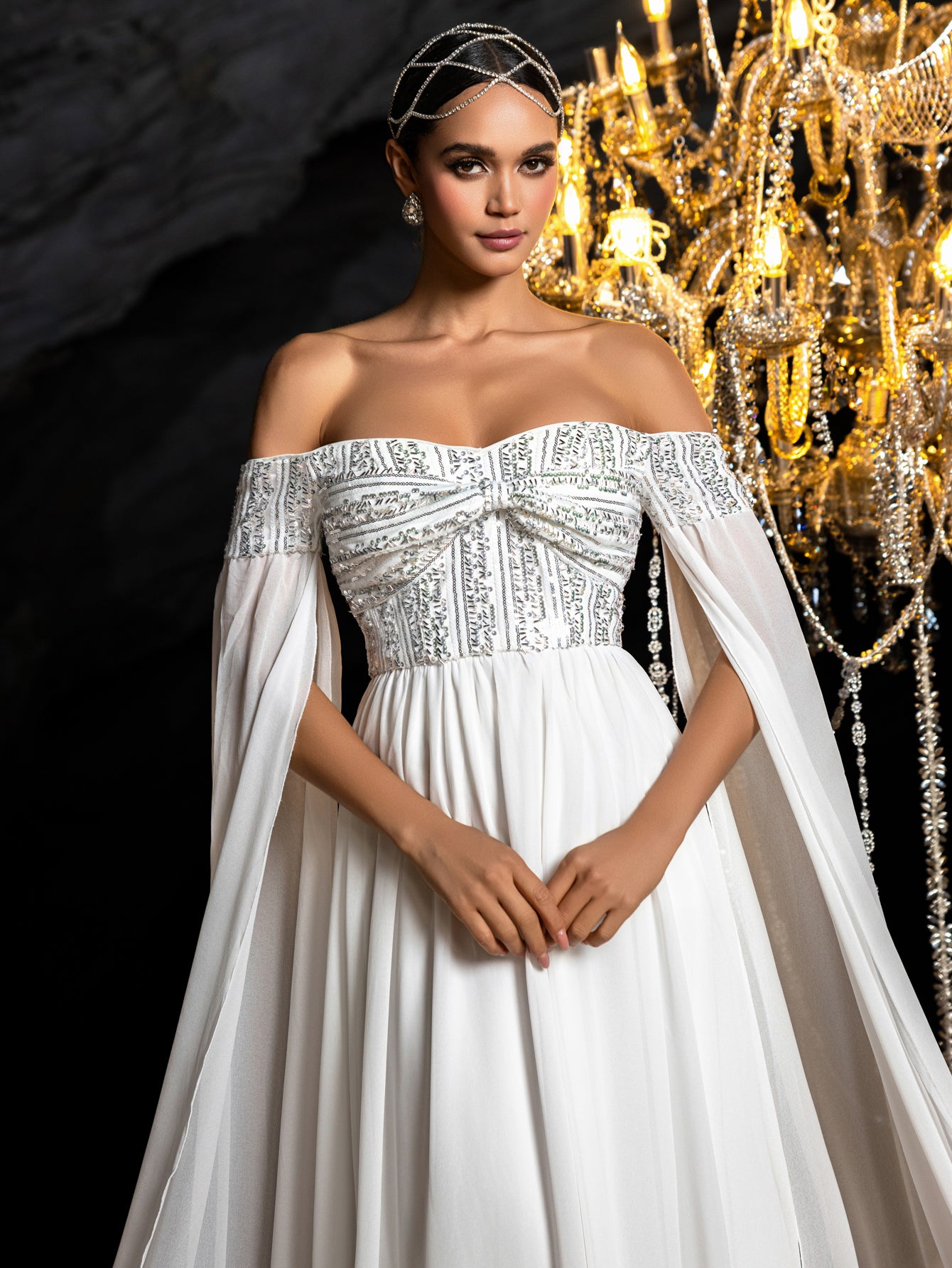Elegant Off-Shoulder Chiffon Evening Gown | Sequin Bodice with Draped Sleeves and Flowing Skirt
