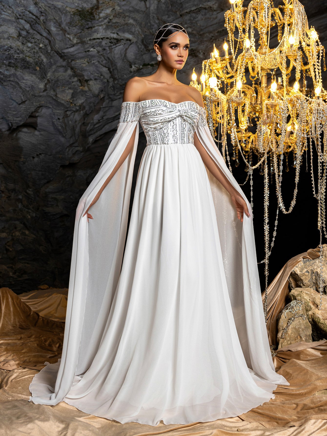 Elegant Off-Shoulder Chiffon Evening Gown | Sequin Bodice with Draped Sleeves and Flowing Skirt