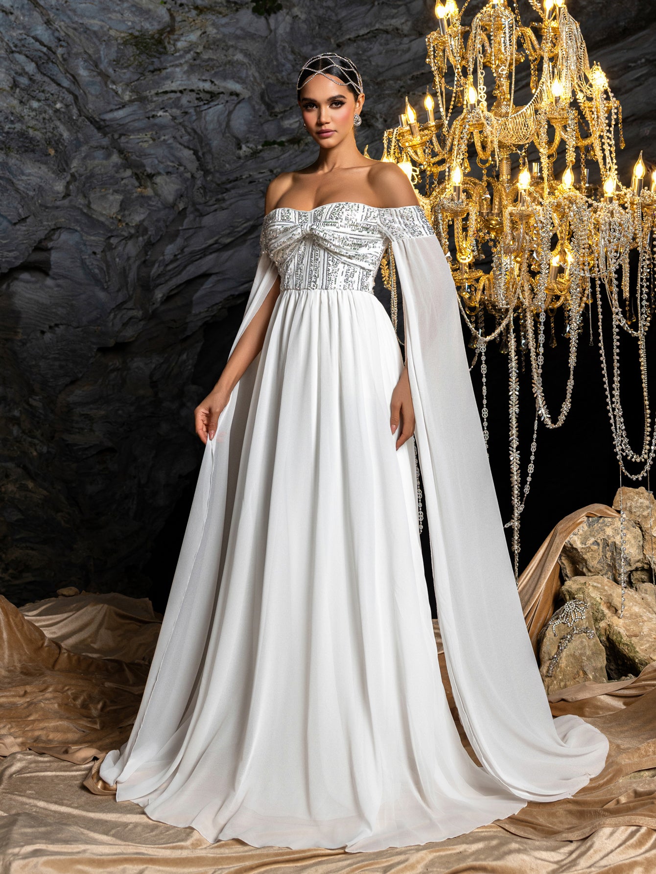 Elegant Off-Shoulder Chiffon Evening Gown | Sequin Bodice with Draped Sleeves and Flowing Skirt