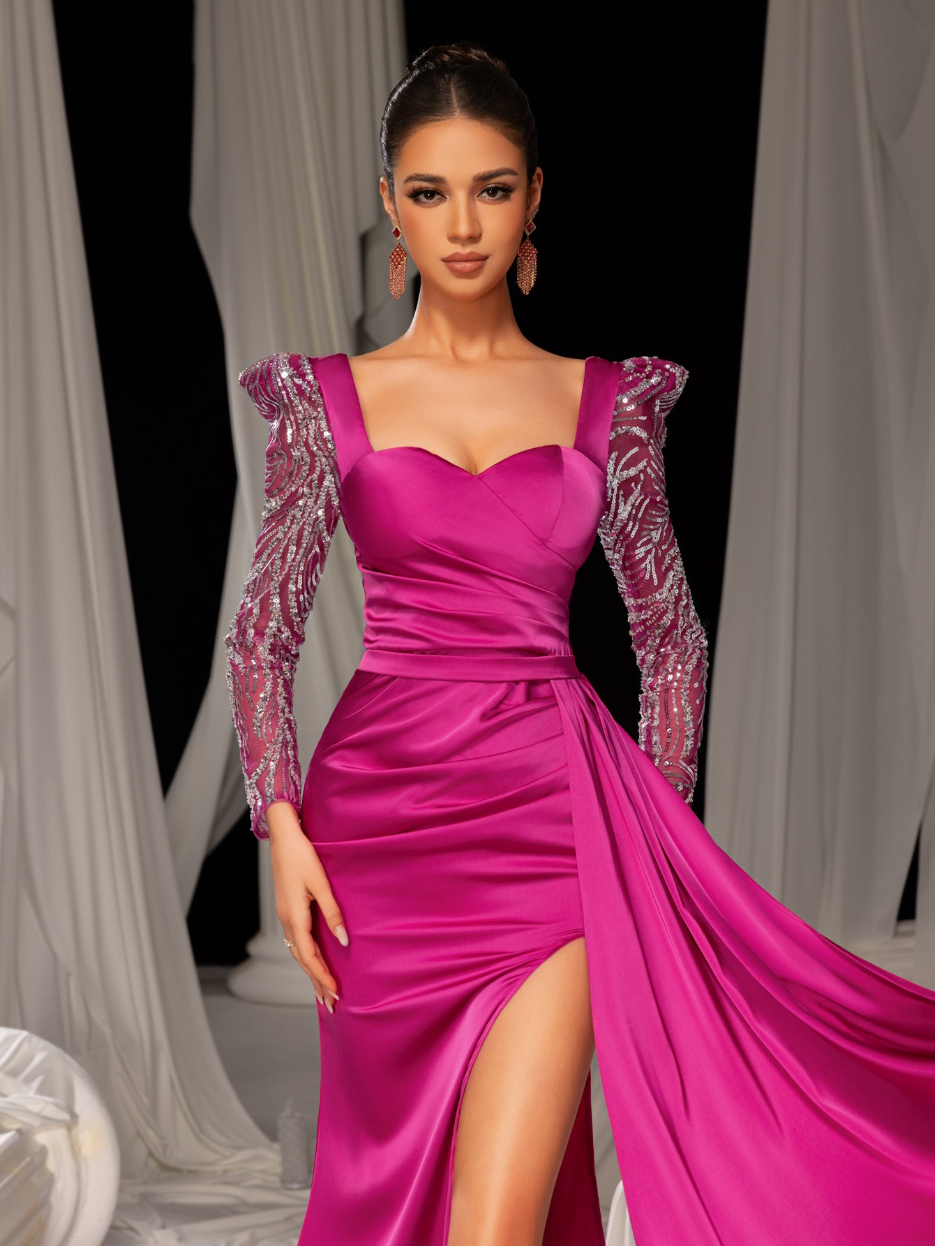 Elegant Satin Evening Gown with Sweetheart Neckline & Sequin Embellished Sleeves – High Slit Mermaid Silhouette for Luxury Weddings or Red Carpet Events, XS-XL