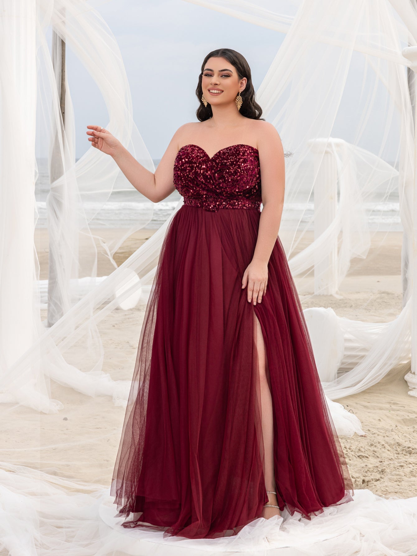 Plus Elegant Sequin Strapless Split Thigh A-line Formal Dress