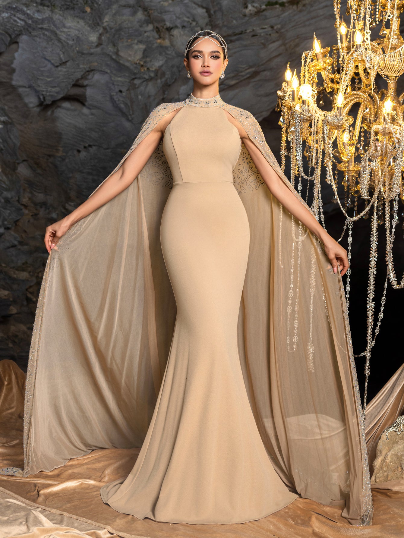 Gorgeous Rhinestone Detail Mock Neck Mermaid Hem Formal Cape Dress Evening Dress