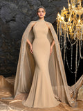 Gorgeous Rhinestone Detail Mock Neck Mermaid Hem Formal Cape Dress Evening Dress