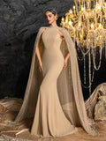 Gorgeous Rhinestone Detail Mock Neck Mermaid Hem Formal Cape Dress Evening Dress