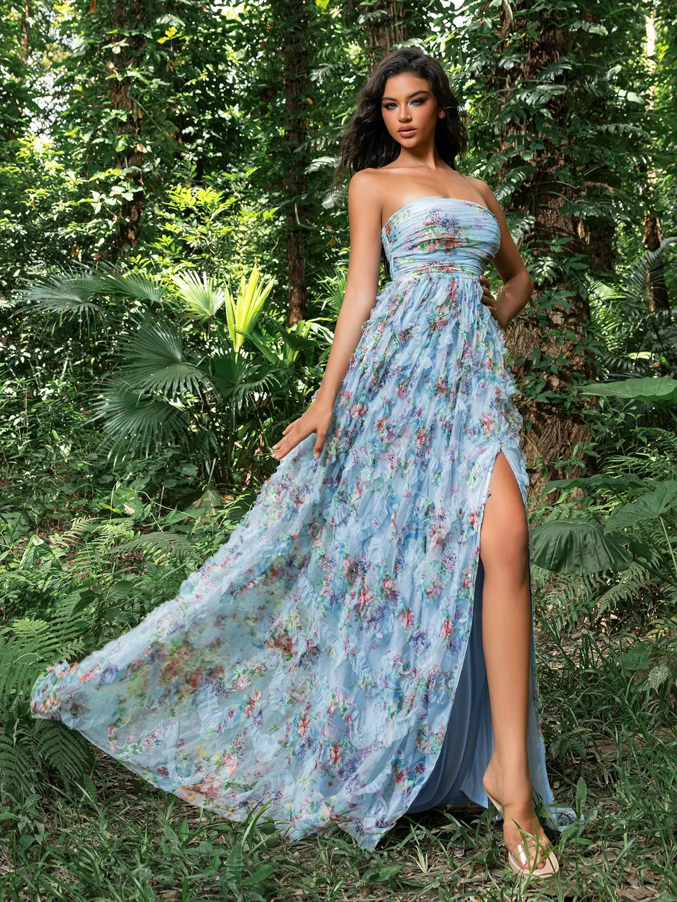 Floral Printed Mesh Overlay Tube Party Dress