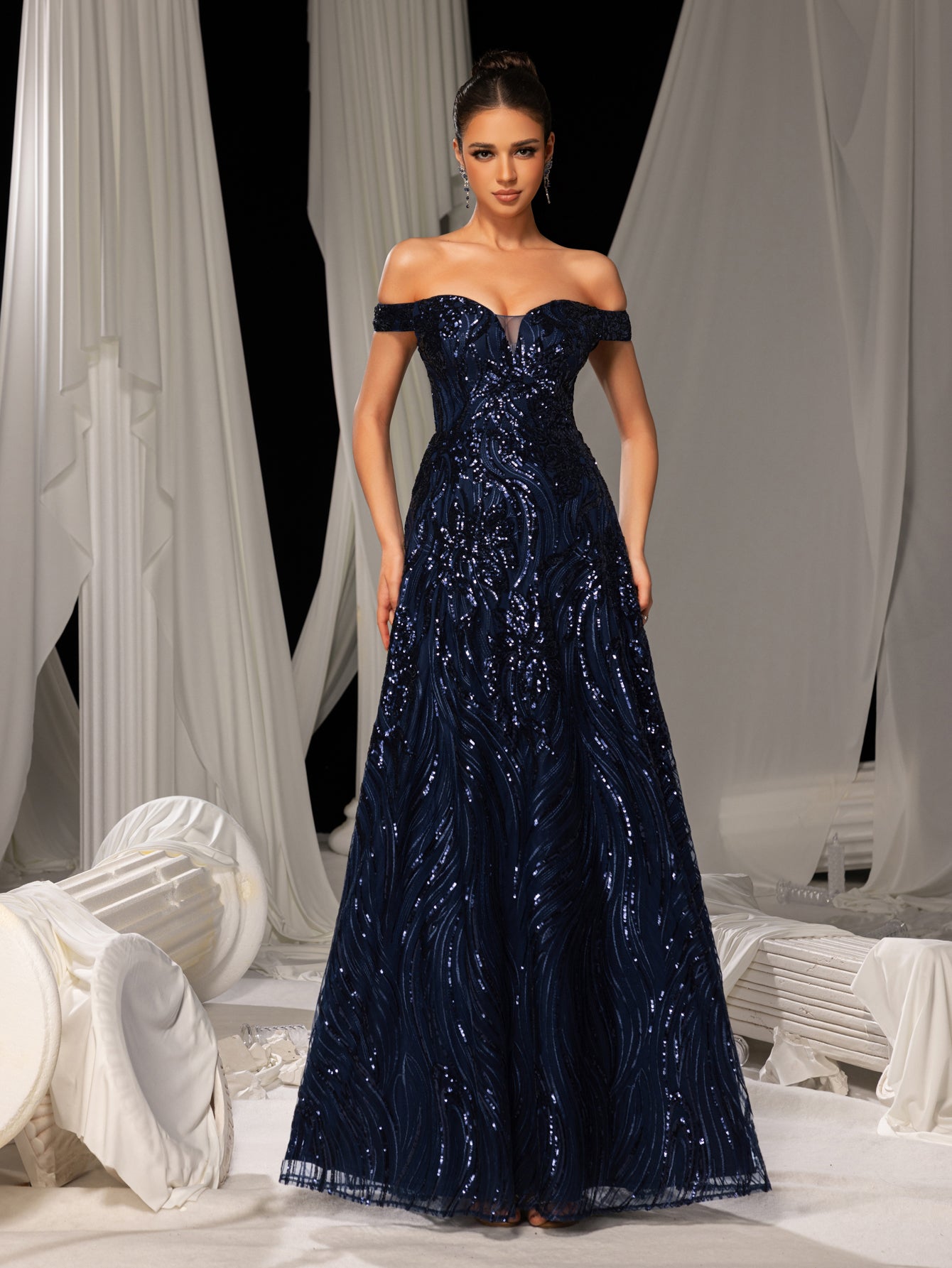 Elegant Off Shoulder Graphic Sequin Formal Prom Dress Evening Dress